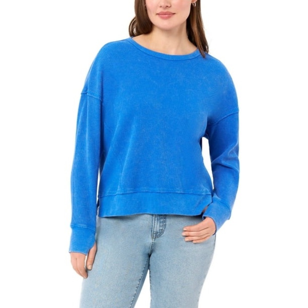 Seven7 Women's Long Sleeve Waffle Crewneck Top nwt large blue